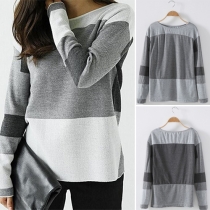 Stylish Contrast Color Round Neck Long Sleeve Women's Sweatshirt