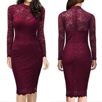 Fashion Sexy Solid Color Lace Stand Collar Long Sleeve Bodycon Dress 