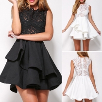 Sexy Hollow Out Lace Spliced Sleeveless Round Neck Ruffle Dress