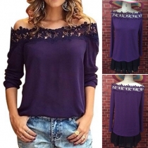 Sexy Lace Spliced Boat Neck Long Sleeve Solid Color T-shirt
