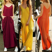 Sexy Backless V-neck Solid Color Sling Maxi Dress
