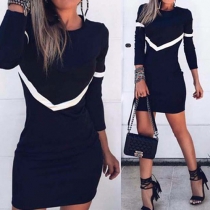 Fashion Contrast Color Long Sleeve Round Neck Bodycon Dress