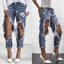 Fashion Unique Tassel Ripped Zip Fly Denim Pants 