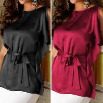 Fashion Solid Color Sleeveless Round Neck Top with Waist Strap