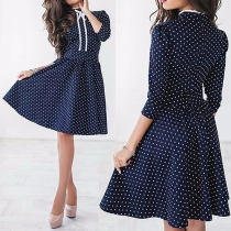 Fashion 3/4 Sleeve Stand Collar Dots Printed Dress