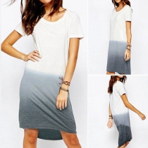 Fashion Short Sleeve Round Neck High-low Hem Color Gradient T-shirt Dress
