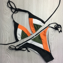 Sexy Contrast Color Lace-up Halter Bikini Set
