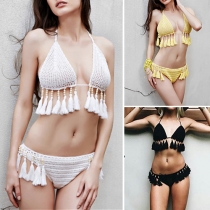 Sexy Solid Color Tassel Knit Bikini Set
