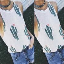 Fashion Cactus Printed Sleeveless Round Neck T-shirt