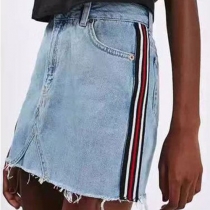 Fashion High Waist Ripped Hem Denim Skirt