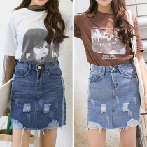 Distressed Style High Waist Ripped Denim Skirt