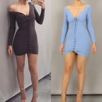 Sexy Deep V-neck Long Sleeve Solid Color Slim Fit Lace-up Dress