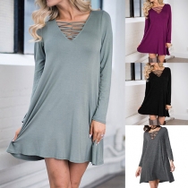 Fashion Solid Color Long Sleeve Hollow Out Lace-up V-neck Dress