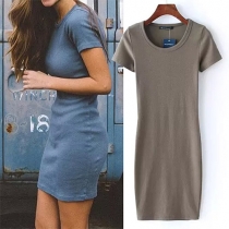 Fashion Solid Color Short Sleeve Round Neck Slim Fit Dress