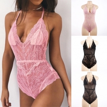 Sexy Backless Deep V-neck See-through Lace One-piece Underwear Lingeries