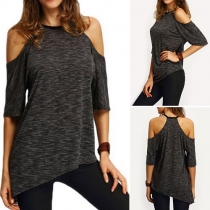 Fashion Casual Solid Color Cold Shoulder Irregular Halter T-shirt