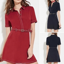 Fashion Elegant Solid Color Lapel Short Sleeve Gathered Waist Dress 