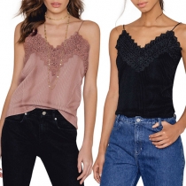 Fashion Sexy Solid Color Deep V-neck Lace Hollow Out Sling Top 