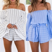 Fashion Sexy Striped Off-shoulder Flounce Sleeve Waist Bwoknot Rompers 
