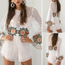 Fashion Sexy Floral Embroidery Lace Hollow Out Backless Flare Sleeve Rompers 