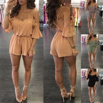 Fashion Sexy Solid Color Lace Cold Shoulder Sling Rompers