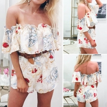 Fashion Sexy Floral Printed Off-shoulder Gathered Waist Rompers 