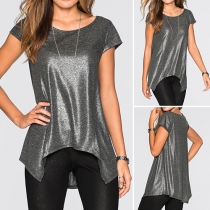 Fashion Casual Solid Color Short Sleeve Irregular Hemline Tops 