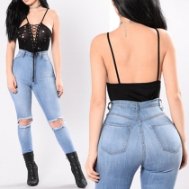 Sexy Backless Lace-up Deep V-neck Ripped Bodysuit