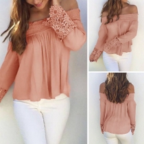 Sexy Off-shoulder Boat Neck Lace Spliced Long Sleeve Solid Color Top