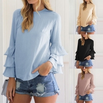 Fashion Solid Color Trumpet Sleeve Round Neck Blouse