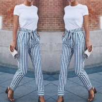 Fashion Lace-up High Waist Slim Fit Striped Casual Pants