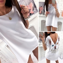 Cute Cat Pattern V-shaped Backless Short Sleeve T-shirt