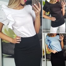 OL Style Short Sleeve Round Neck Ruffle Solid Color Blouse