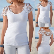 Sexy Hollow Out Lace Spliced Short Sleeve Solid Color T-shirt