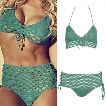 Sexy Solid Color High Waist Hollow Out Knit Bikini Set