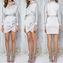 Elegant Solid Color Long Sleeve POLO Collar Irregular Hem Lace-up Shirt Dress