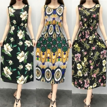 Bohemian Style Sleeveless Round Neck Elastic Waist Printed Maxi Dress