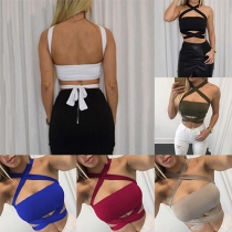 Sexy Solid Color Backless Crossover Lace-up Crop Top