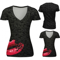 Fashion Skull-head Red-lip Printed Short Sleeve V-neck T-shirt