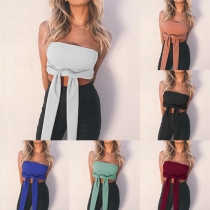 Sexy Strapless Lace-up Hem Solid Color Crop Top