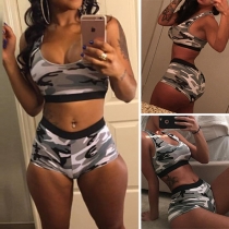 Fashion Camouflage Printed Tank Top + High Waist Shorts Sports Suit