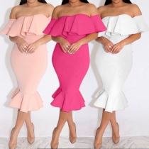 Sexy Off-shoulder Solid Color Ruffle Party Dress