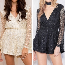 Sexy Deep V-neck Long Sleeve Elastic Waist Sequin Spliced Hollow out Lace Romper