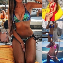Sexy Solid Color Sequin Lace-up Halter Bikini Set