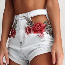 Sexy Hollow Out High Waist Embroidered Ripped Denim Shorts