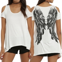 Fashion Off-shoulder Short Sleeve Round Neck Irregular Hem Wings Printed T-shirt
