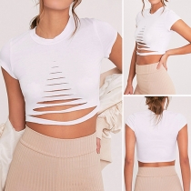 Sexy Short Sleeve Round Neck Solid Color Ripped Crop Top