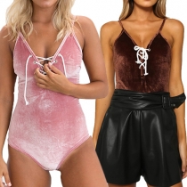 Sexy Sexy Backless Lace-up Deep V-neck Solid Color Cami Bodysuit