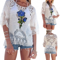 Fashion Half Sleeve Round Neck Embroidered Hollow Out Lace Top