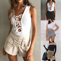Fashion Solid Color High Waist Lace-up Shorts